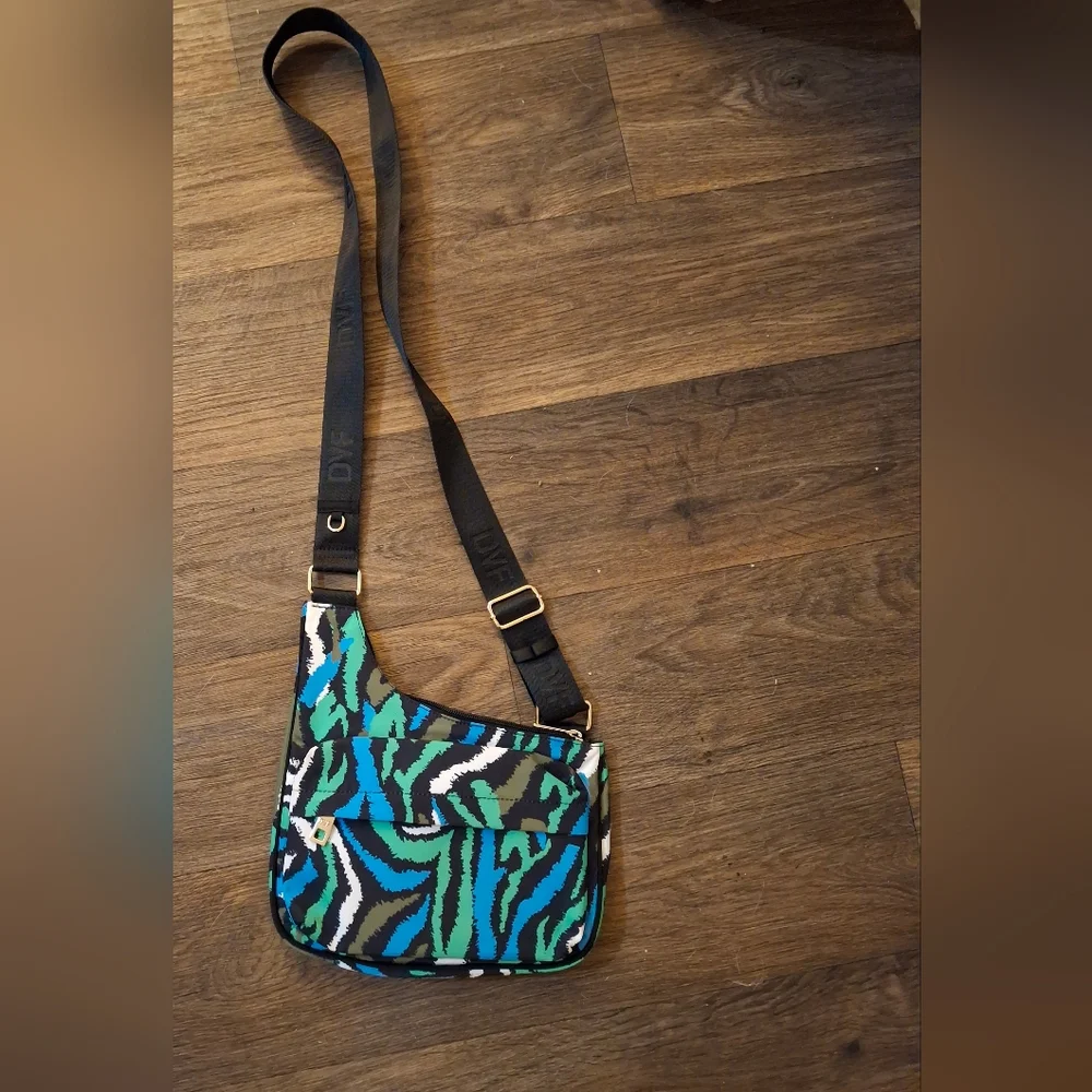 New Diane Von Furstenberg DVF Disco Zebra Green Utility Crossbody Bag.